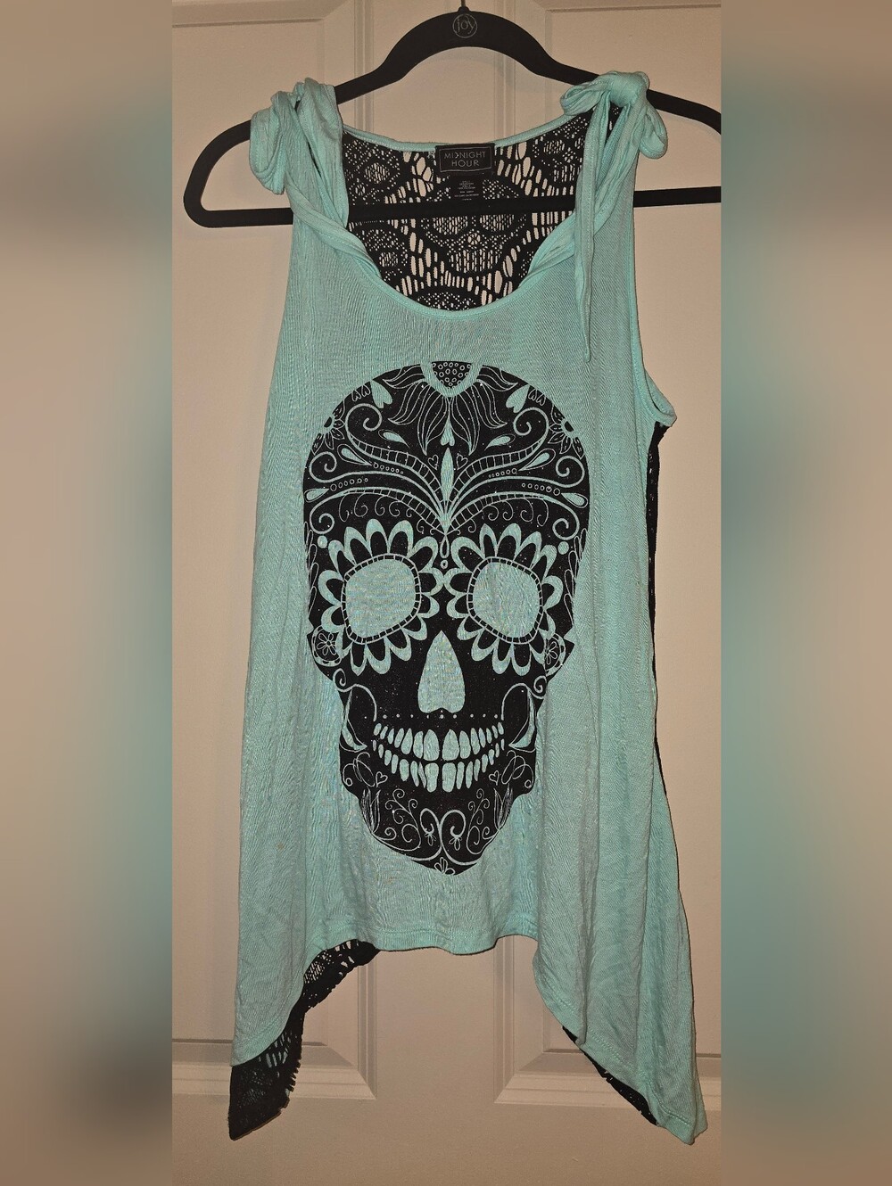 Midnight Hour Light Blue Tank Top with Glitter Skull